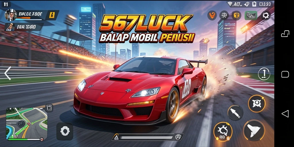 Tangkapan layar utama 567LUCK menampilkan aksi balap mobil yang intens.