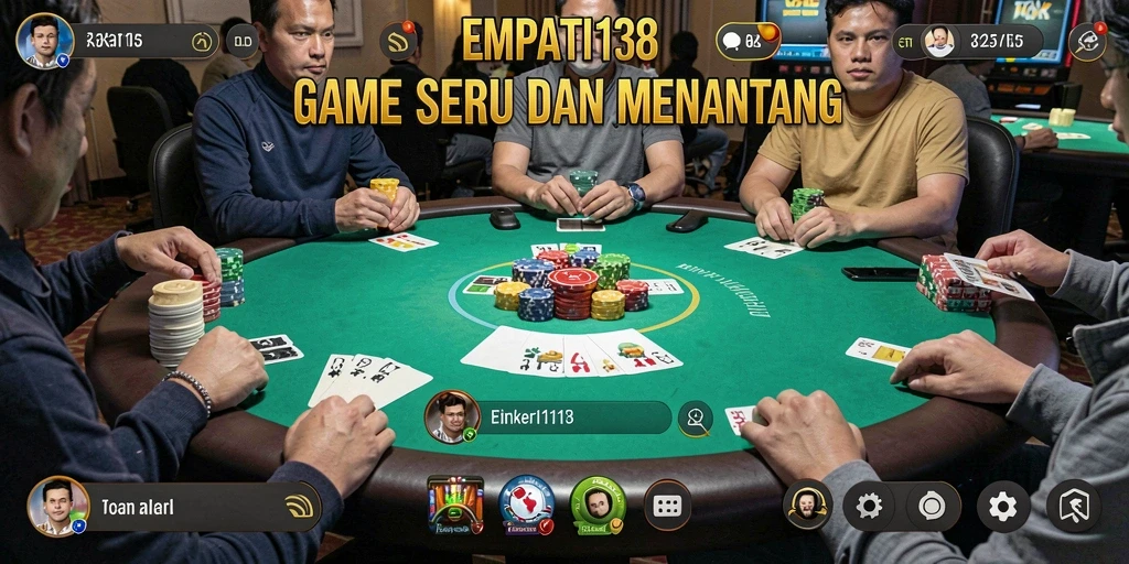 Screenshot gameplay <strong>EMPATI138</strong> menampilkan aksi seru permainan Poker dengan pemain yang berkompetisi.