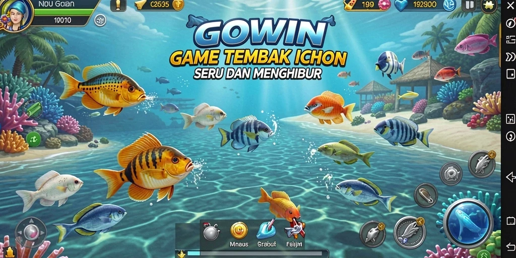 Tampilan gameplay GOWIN dengan ikan berwarna-warni yang menunggu untuk ditembak.