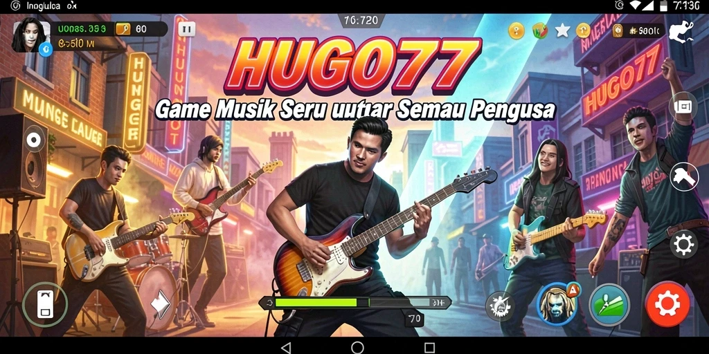 Tangkapan layar HUGO77 menampilkan gameplay musik yang dinamis dan interaktif.