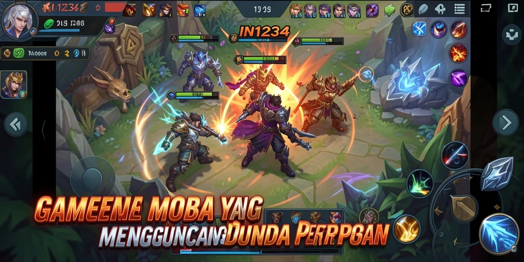 Tampilan seru dari combat di dalam game MOBA IN1234.