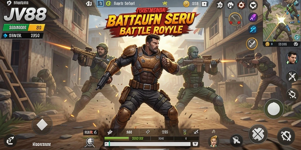 Screenshot gameplay JV88 menampilkan aksi Battle Royale yang mendebarkan.
