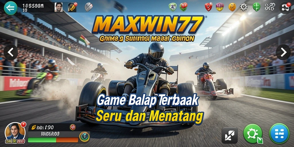 Screenshot utama gameplay <strong>MAXWIN77</strong> yang menunjukkan aksi balapan yang mendebarkan.