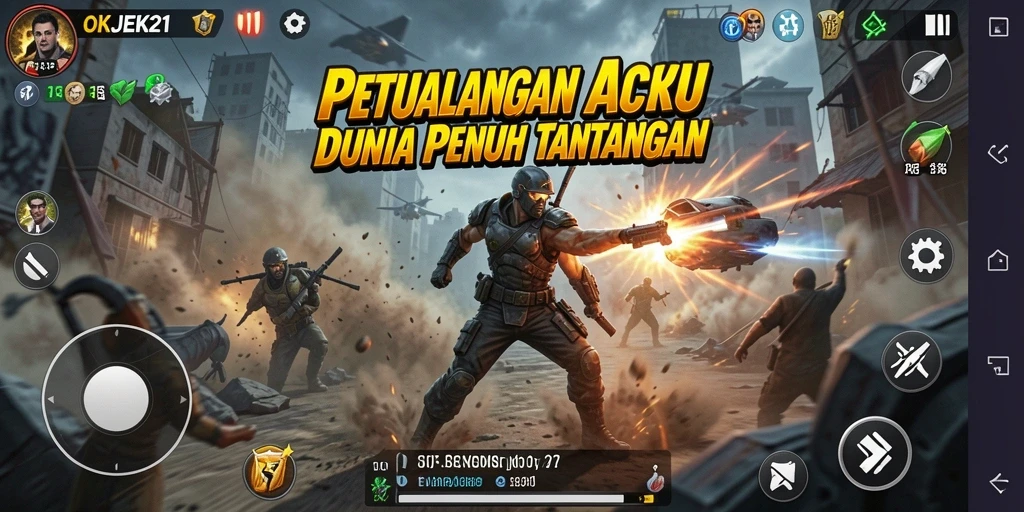 Tangkapan layar utama game OKJEK21 menampilkan aksi seru dan karakter dinamis.