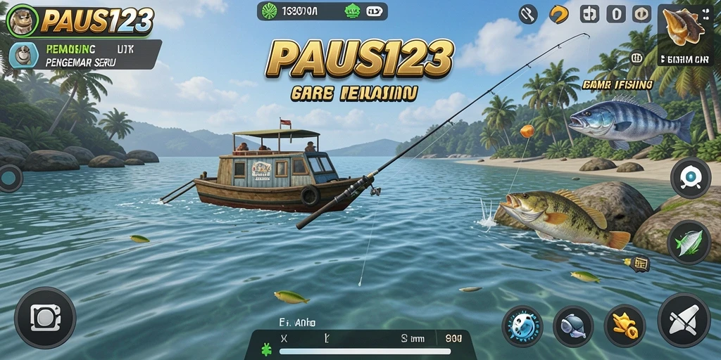 Screenshot utama <strong>PAUS123</strong> menunjukkan gameplay memancing yang mendebarkan.