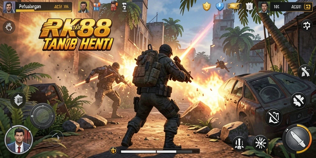 Screenshot RK88 menampilkan pertempuran aksi yang intens dan dramatis.