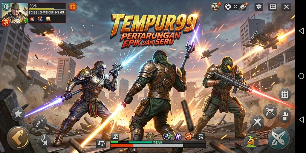 Tampilkan karakter bertarung dengan dinamika yang menegangkan.